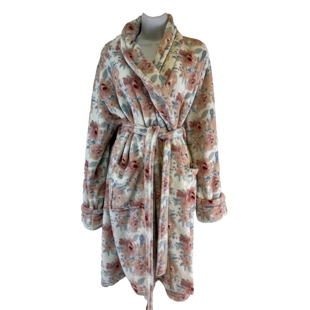 Cervantes Robe Floral Fleece‎ Mid Pockets Tie Belt Womens One Size Fits Most